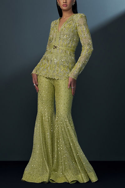 Arctic lime embellished jacket sharara set