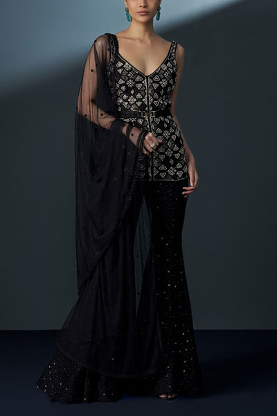 Black and gold embellished kurta sharara set