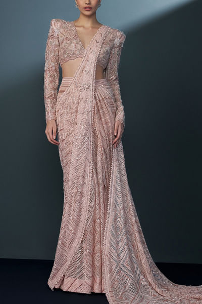 Blush pink aztec embellished lehenga sari set