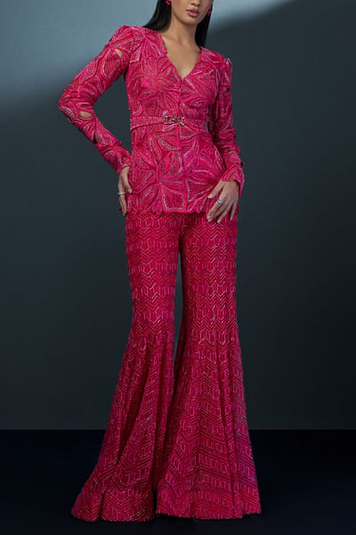 Fuchsia floral cutwork jacket sharara set