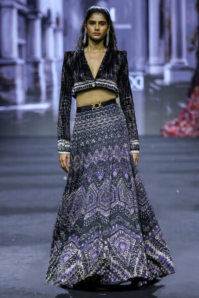 Ritika Mirchandani Black ajrakh embroidered blazer skirt set RITIMAY26D145306