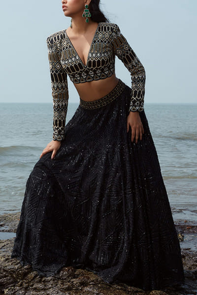 Black embellished lehenga set