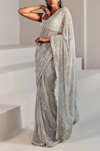 Ivory embroidered sari set
