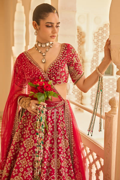 Red embroidered lehenga set
