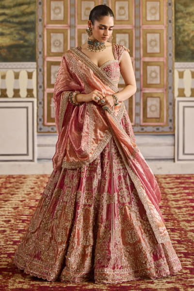 Fuchsia and orange embroidered lehenga set