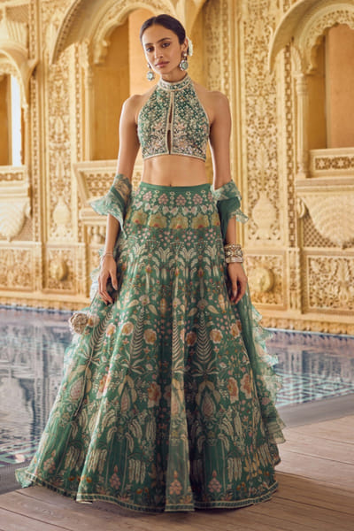 Green printed lehenga set