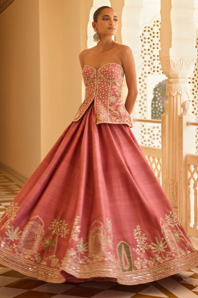 Coral embroidered lehenga set