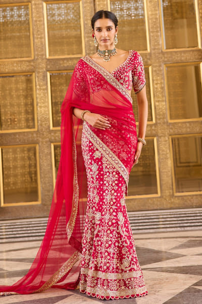 Red embroidered sari set