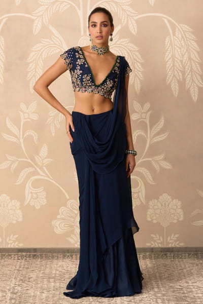 Navy blue pre-draped chiffon sari set