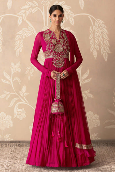 Fuchsia embroidered georgette anarkali set