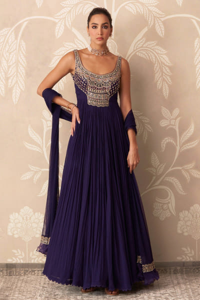 Purple embroidered georgette anarkali set
