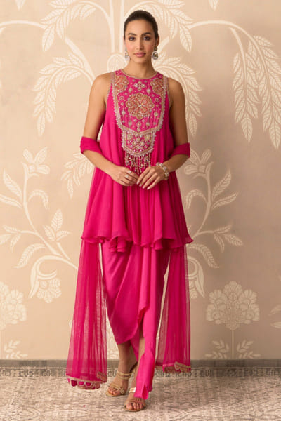 Fuchsia embroidered kurta and draped skirt set