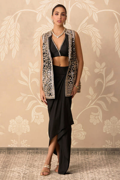 Black embroidered jacket and drape skirt set
