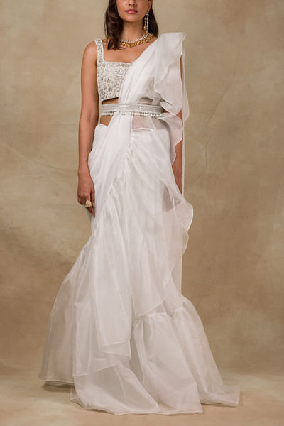 Ivory ruffle draped sari set