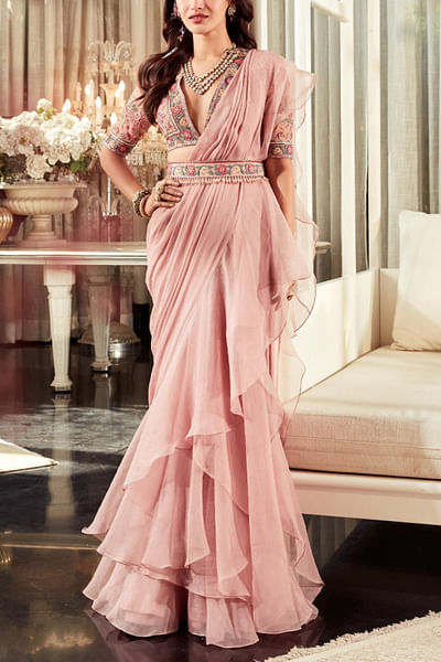 Onion pink ruffle sari set