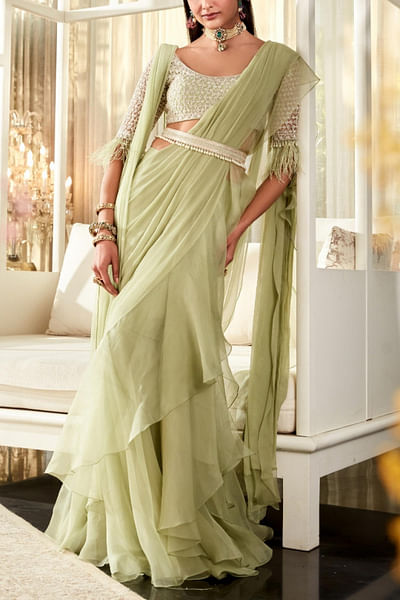 Mint green draped sari set