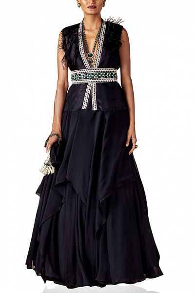 Black embellished peplum set