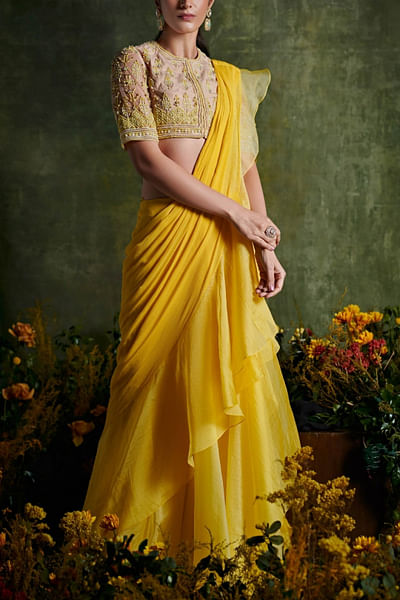 Yellow draped ruffle sari set