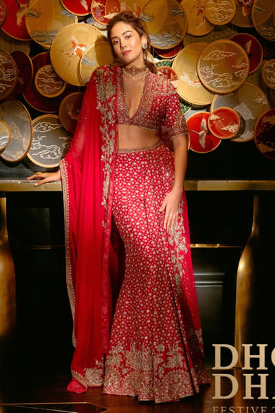 Red floral embroidery lehenga sari set