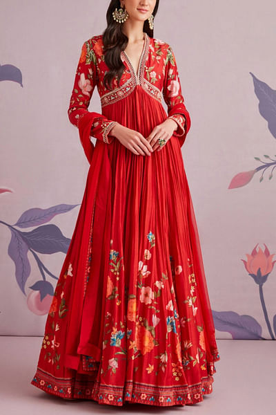Red embroidered anarkali set