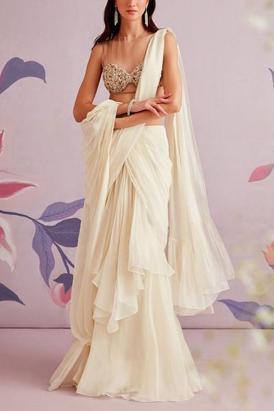 Ivory ruffle sari set