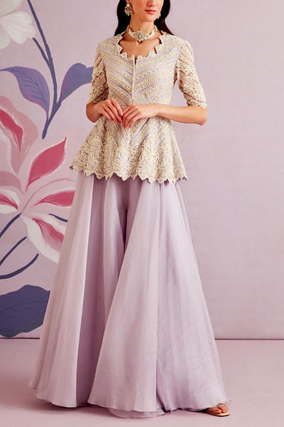 Lilac embroidered peplum and gharara set