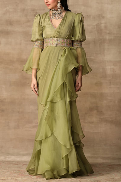 Apple green ruffle sari and blouse