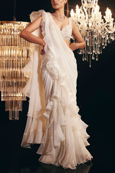 Ivory ruffle sari set