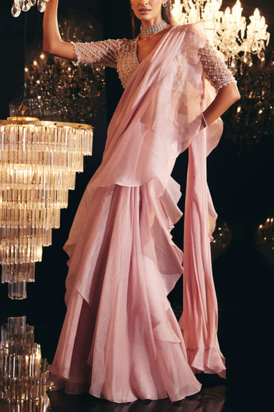 Pink chiffon organza ruffle sari set