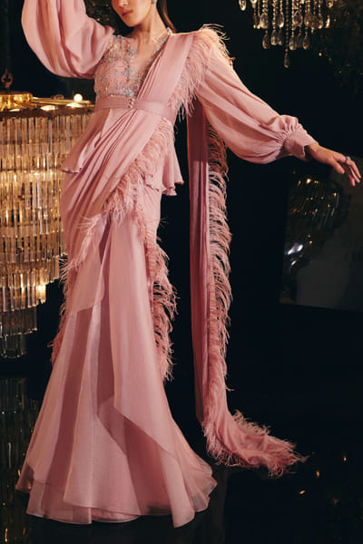 Pink ruffle sari set