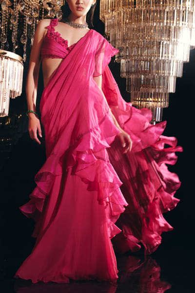 Pink embroidered peplum and sari set