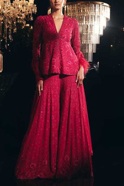 Fuchsia ruffle sari set