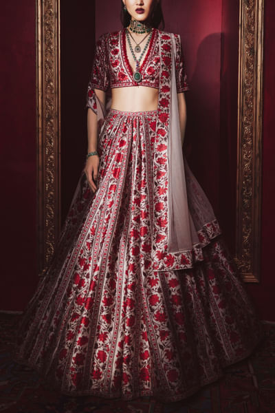 Red raw silk jacket and pants set