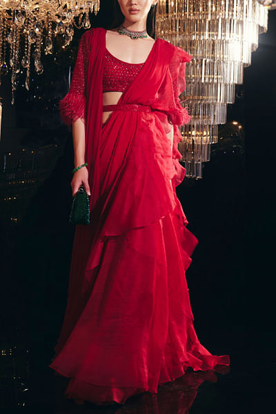Red ruffle sari set