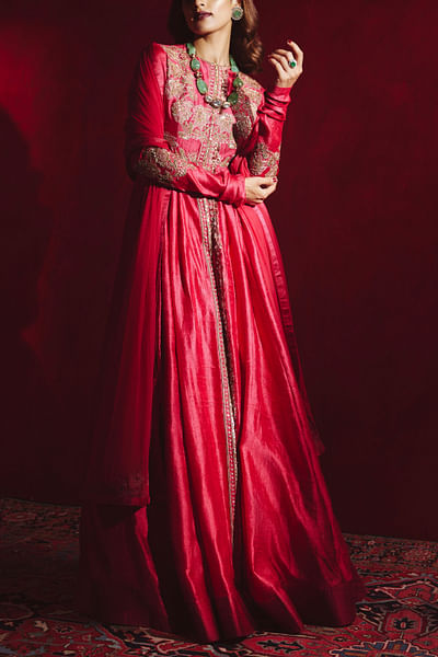 Red embroidered anarkali set