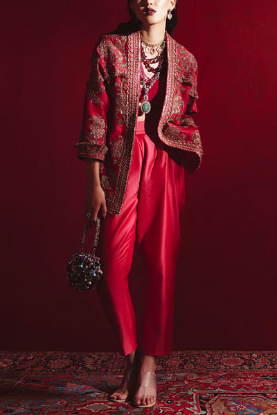 Red raw silk jacket and pants set