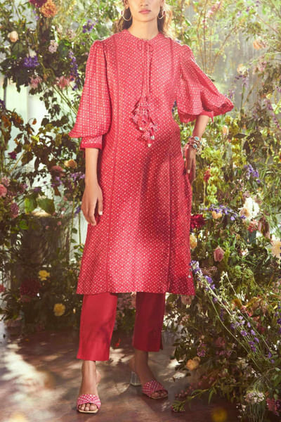 Red printed chanderi kurta set