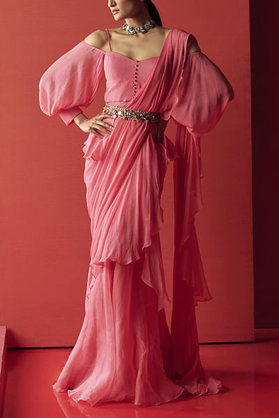 Rose pink ruffle sari set