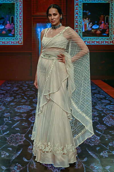 Ivory embroidered ruffle sari set