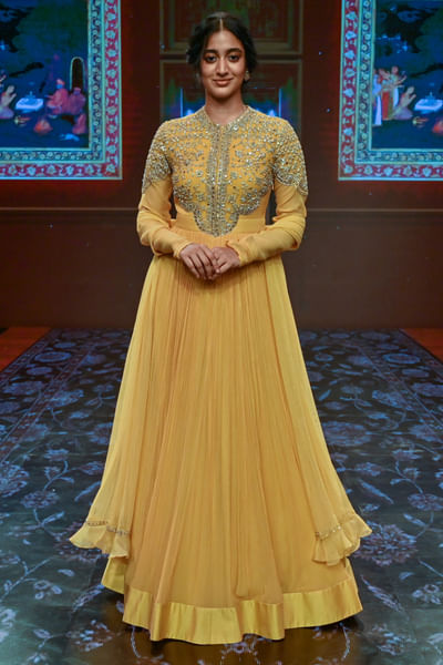 Ochre yellow embroidered anarkali set