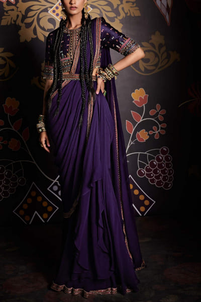 Ridhi Mehra Purple draped chiffon sari set RMHRMCT03