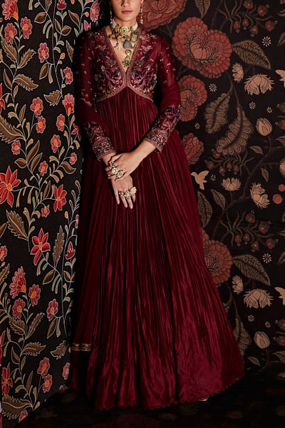 Burgundy embroidered anarkali set