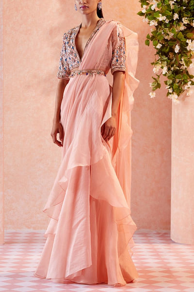 Peach ruffle sari set
