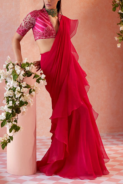 Fuschia draped ruffle sari set