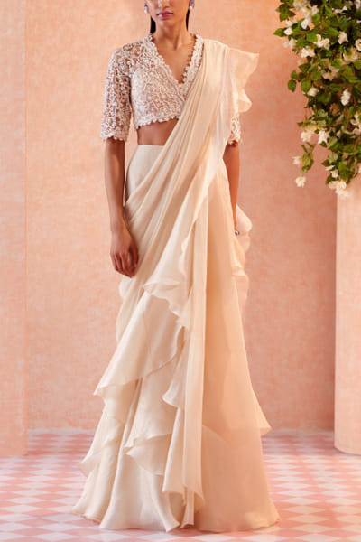 Ivory embroidered sari set