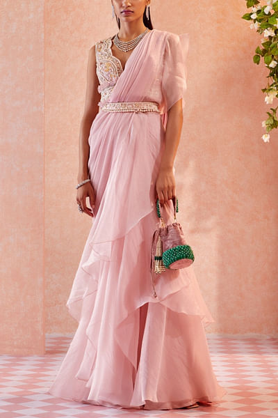 Light pink draped ruffle sari set
