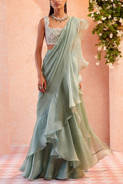 Sea green ruffle sari set