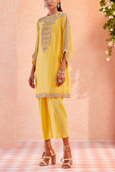 Yellow organza kurta and pants