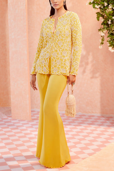 Yellow embroidered top and pants