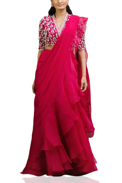 Fuchsia pink ruffle sari